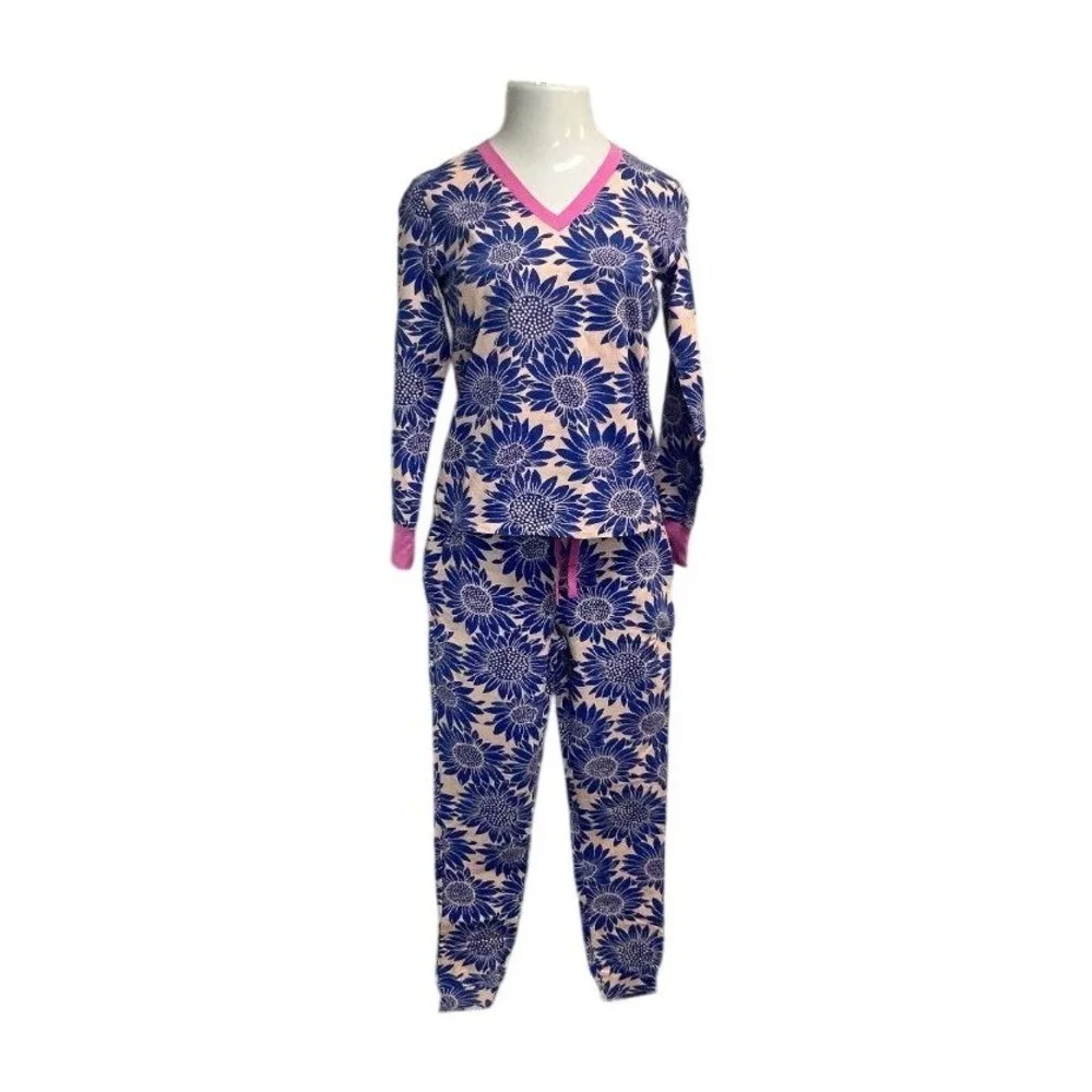 Anorak Pajama Set Womens Small Blue Pink New Sunflower Floral Print Loungewear‎